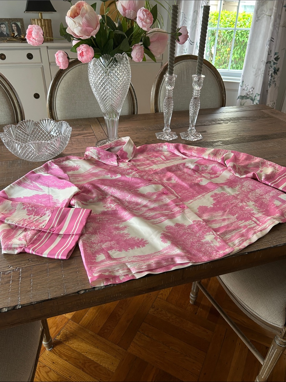H&M Pink and White Scenic Print Shirt